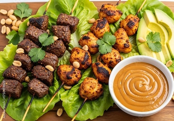 Fototapeta Grilled Skewers with Peanut Sauce - A Delicious and Healthy Meal.