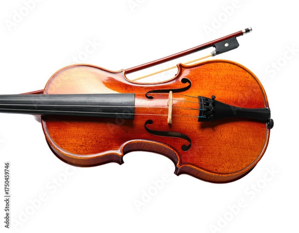 Fototapeta A polished, wooden stringed instrument with bow atop a dark background