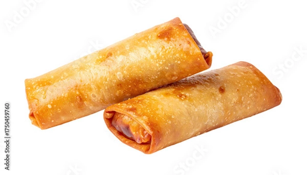 Fototapeta Two golden-brown, cylindrical fried appetizers, slightly overlapping on a black background