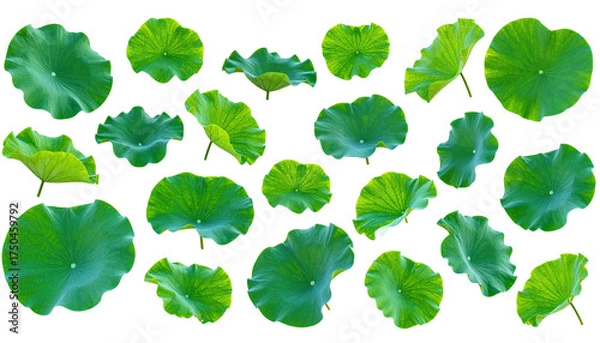 Fototapeta Twenty stylized green circular leaves of various shapes and positions on a black background