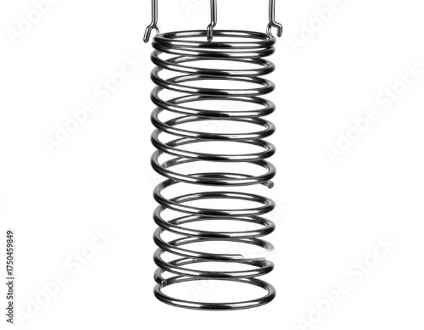 Fototapeta Shiny metal coil suspended against a black backdrop, showcasing its spiraling structure
