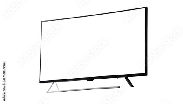 Fototapeta Black screen on a large TV with a minimalist, triangular stand against darkness