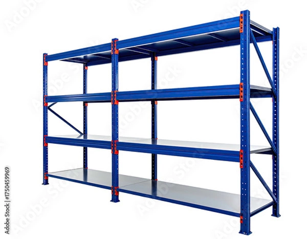 Fototapeta Steel shelving unit with four levels, blue frame, and white shelf surfaces