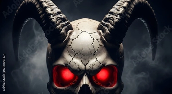 Obraz Close-up of a skull with large horns and glowing red eyes, set against a smoky background.