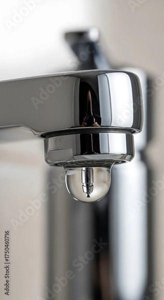 Fototapeta Close-up of a dripping faucet with a water droplet.