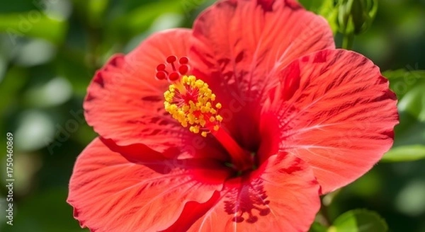 Obraz Close-up of a vibrant red hibiscus flower with a yellow center.