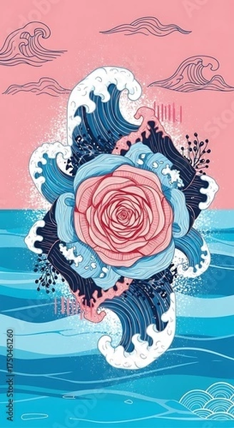 Fototapeta Rose Amidst Waves - A Serene Fusion of Floral Beauty and Oceans Embrace.