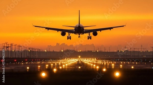 Fototapeta A silhouette of an airplane landing against a vibrant sunset, with runway lights guiding its approach.