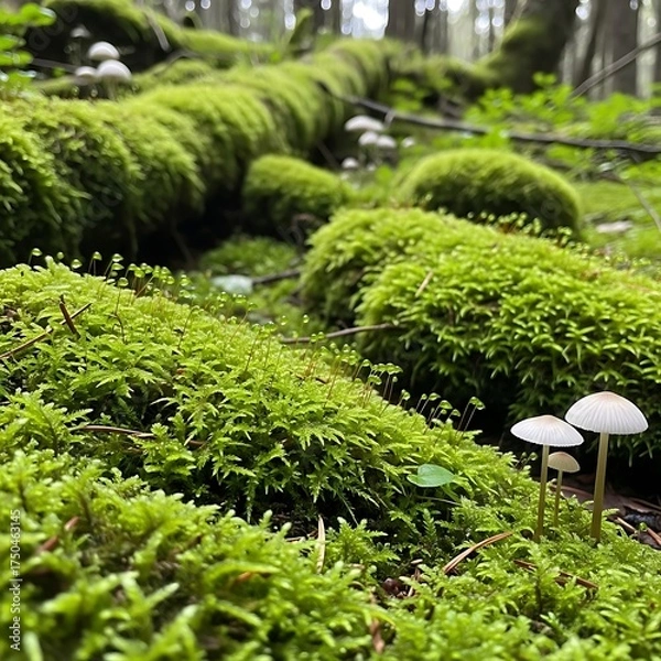 Fototapeta Mossy Forest Floor with Mushrooms and Fallen Log.
