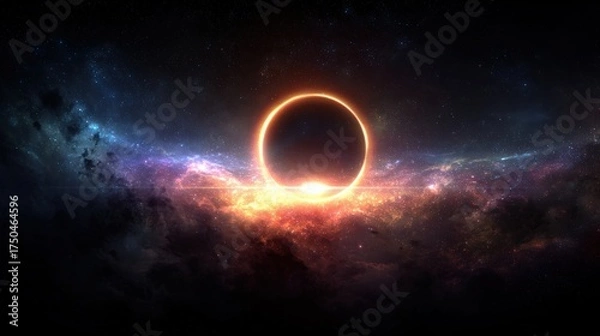 Fototapeta A stunning cosmic scene featuring a glowing eclipse surrounded by vibrant galaxies and star-filled skies.