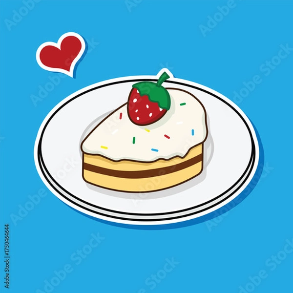 Fototapeta tart cake with strawberry topping on top on a plate isolated on blue background