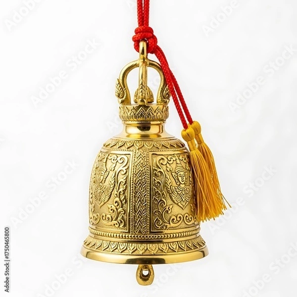 Fototapeta Golden Thai Bell with Red Cord and Yellow Tassel Ornament.