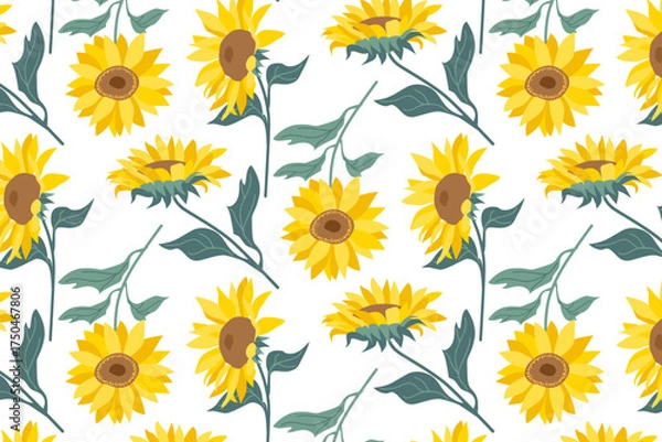 Obraz Sunflower vector illustration featuring a seamless pattern of vibrant yellow sunflowers with green leaves on a white background. Ideal for textile designs, wallpapers, and decorations.