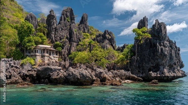 Fototapeta A stunning coastal scene featuring dramatic rock formations, lush greenery, and a quaint house by the turquoise waters under a bright blue sky.