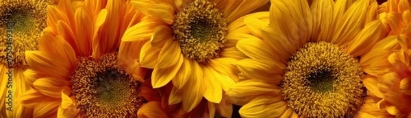 Fototapeta A vibrant display of sunflowers with bright yellow petals and intricate centers, creating a cheerful and warm atmosphere.