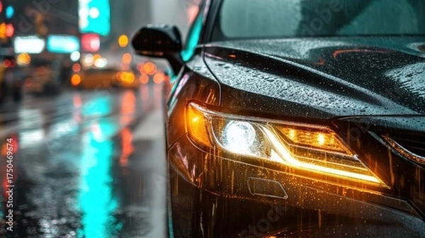 Fototapeta A sleek car glistens with raindrops in a vibrant, illuminated urban setting, capturing the essence of a rainy city night.