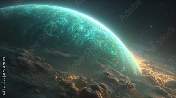 Fototapeta A stunning digital artwork depicting a vibrant blue-green planet enveloped in swirling clouds against a starry background.