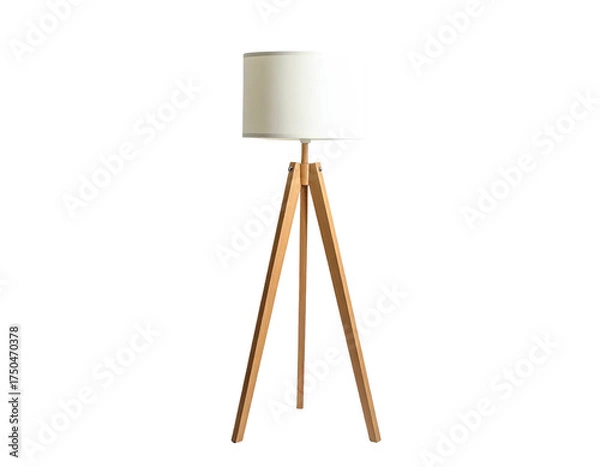 Fototapeta A wooden tripod floor lamp with a cylindrical white shade against a stark black backdrop