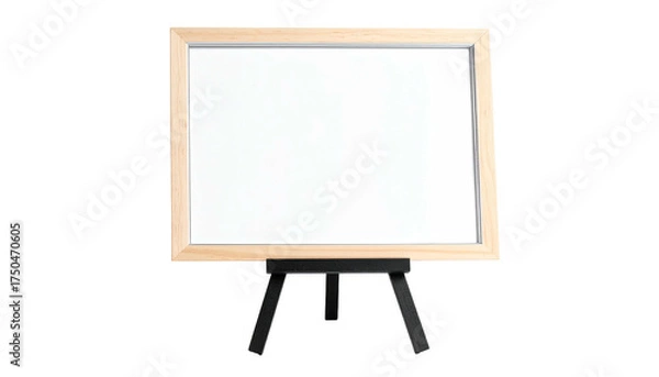 Fototapeta A blank white board with a wooden frame sits on a small black easel