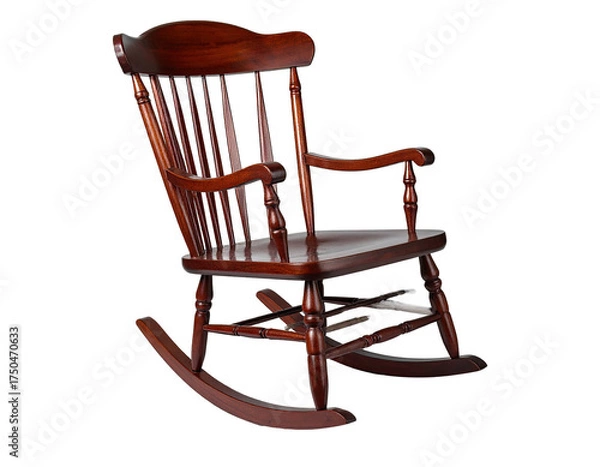 Fototapeta A glossy, dark-stained wooden rocking chair sits isolated on a dark background