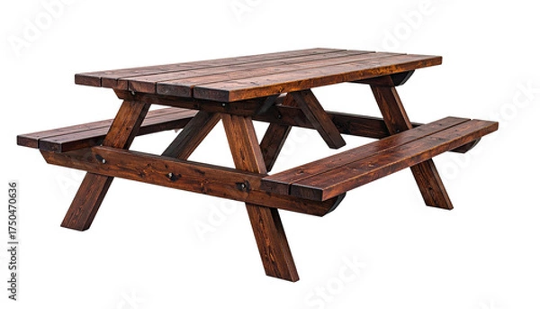 Fototapeta Isolated, wooden picnic table with attached benches, angled legs, outdoorsy