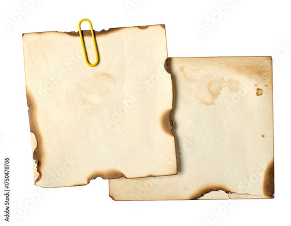 Fototapeta Burned paper notes, held together with a gold-colored paper clip