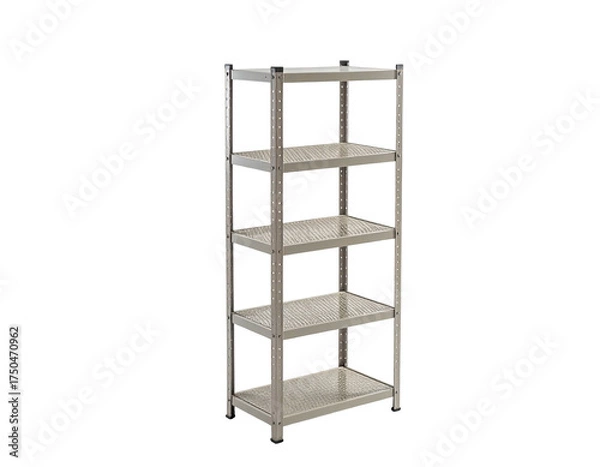 Fototapeta A tall, free-standing shelving unit with five horizontal shelves against black