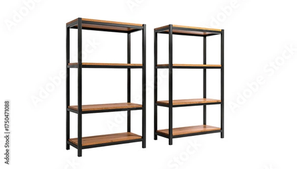 Obraz Two minimalist shelving units, black frames, wooden shelves, against black backdrop