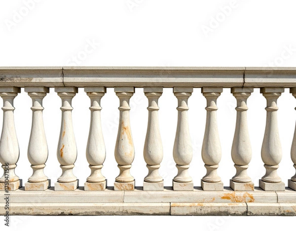 Fototapeta A classic balustrade of carved white pillars, on a low base, against black