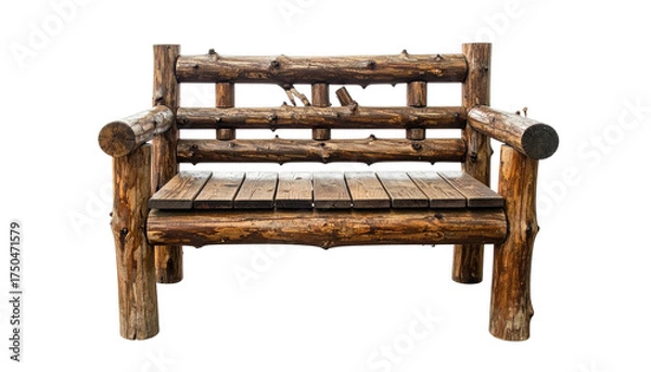 Obraz Rustic wooden bench with a natural log design isolated against a black backdrop