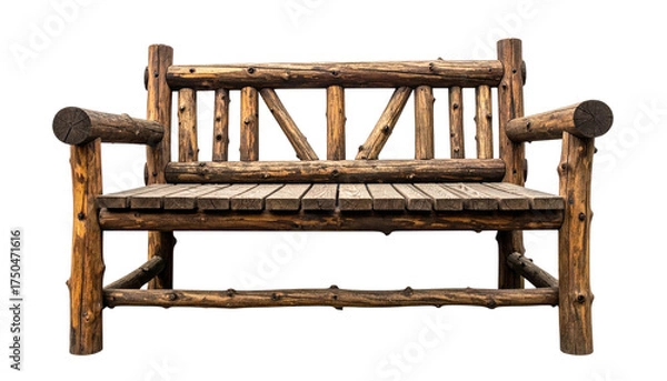 Obraz Rustic wooden bench crafted from logs, isolated on a black background