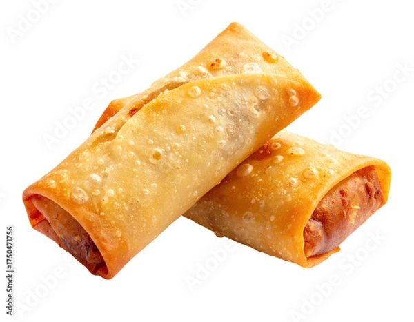 Obraz Two golden-brown fried rolls, crispy texture, visible filling, stacked on a black bg