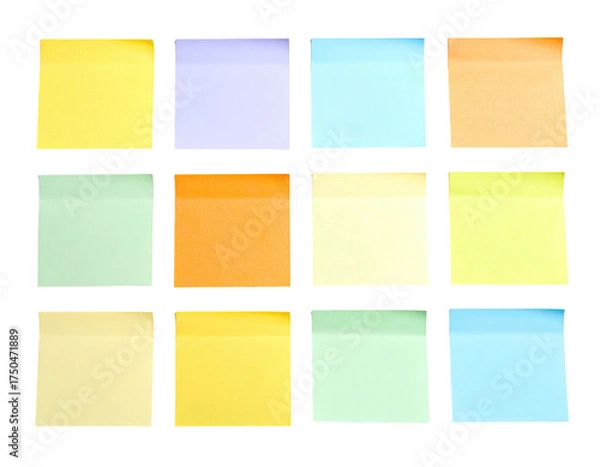 Fototapeta Twelve colorful square sticky notes arranged in a grid pattern, on a black backdrop