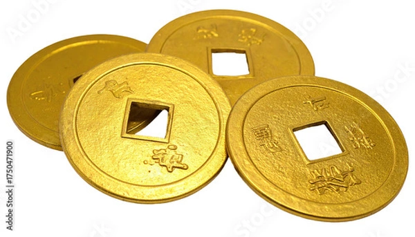 Fototapeta Four gold, round coins with square holes and Chinese characters, on black