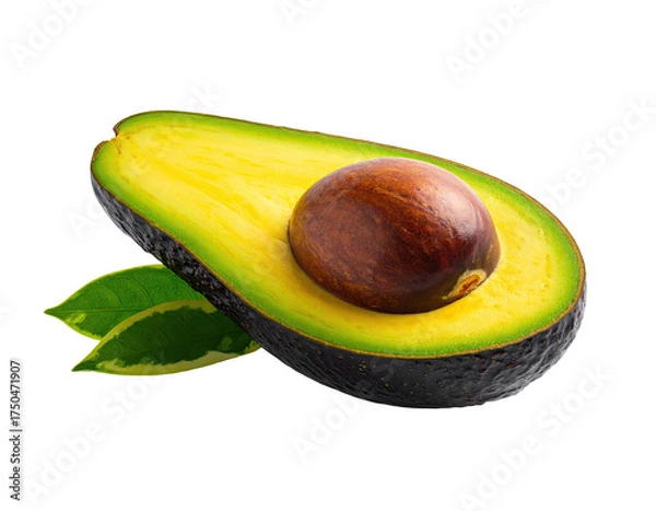 Fototapeta Cut avocado half, seed visible, with green leaves on black background