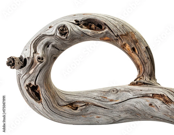 Obraz Weathered, gnarled driftwood loop, isolated against a black background, intricate grain