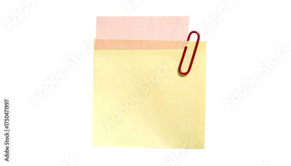 Obraz Two sticky notes, pink and yellow, clipped by a red paperclip, on black