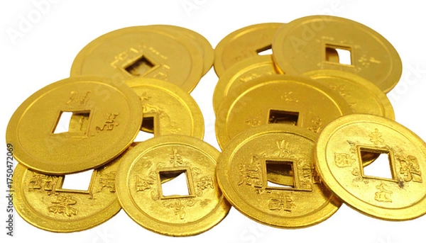 Obraz Golden, round coins with square holes and Asian script, overlapping and clustered