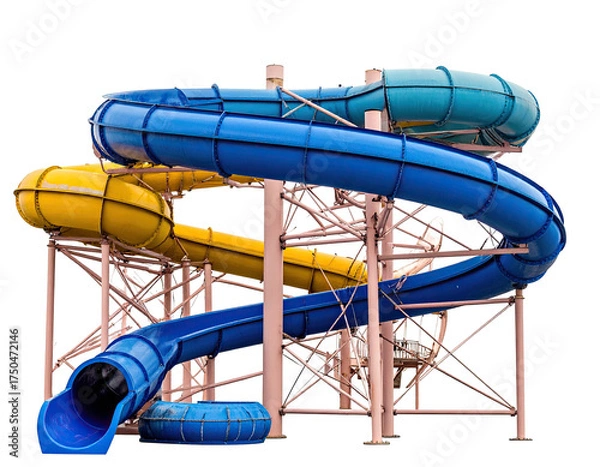 Obraz A multi-colored spiral water slide with support structure against a plain sky