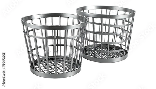 Obraz Two silver, cylindrical waste containers with a lattice design, isolated on black