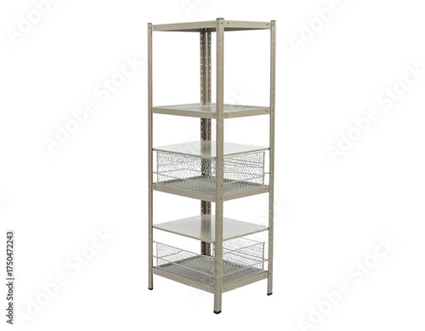 Obraz Tall metal shelving unit with wire baskets and flat shelves against a black background