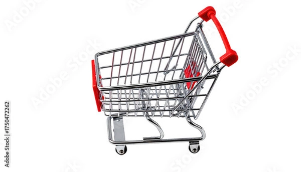 Obraz Miniature metal shopping cart, red accents, isolated against a stark black backdrop