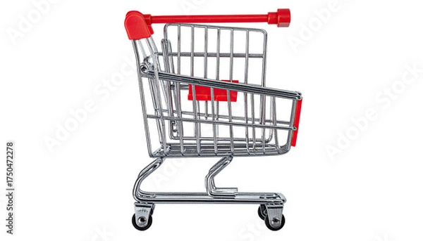 Obraz Side view of a miniature chrome and red shopping cart against a black background