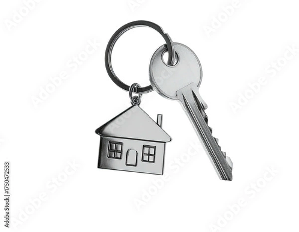 Fototapeta Shiny metal keys with house charm against black backdrop, suggesting property access