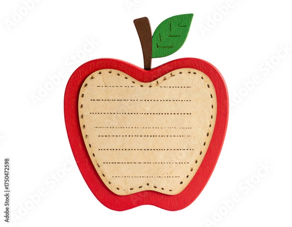 Fototapeta Wooden apple-shaped frame with lined paper, stem, and leaf. Isolated on black