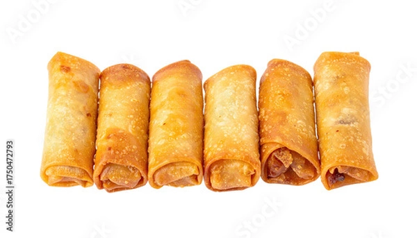 Obraz Six golden-brown cylindrical rolls, crisp texture, isolated on a stark black background