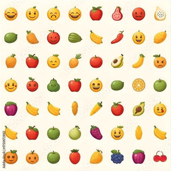 Obraz Food and fruit vector emoji illustration. Food and beverages, fruits symbols, emojis, emoticons, stickers, icons Vegetables, cakes, vector illustration flat icons set, collection. Vector illustration