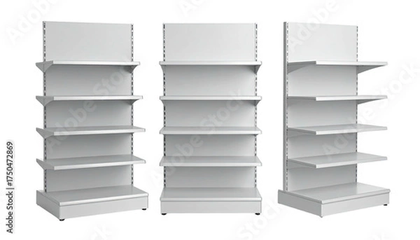 Obraz Three clean white empty retail shelving units side-by-side, various heights and designs