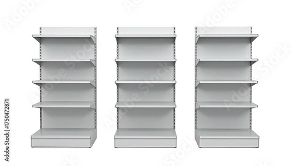 Obraz Three identical, empty, white shelves standing side-by-side against a black background