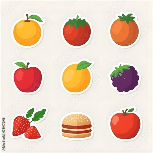 Obraz Food and fruit vector emoji illustration. Food and beverages, fruits symbols, emojis, emoticons, stickers, icons Vegetables, cakes, vector illustration flat icons set, collection. Vector illustration